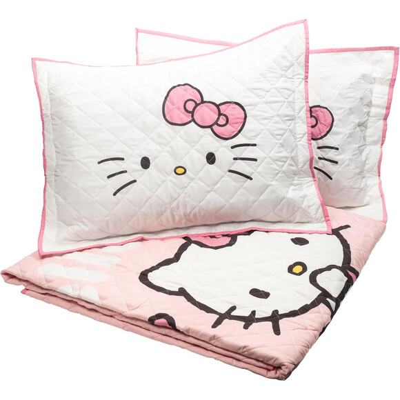 NEW Jay Franco Hello Kitty Pink Stripes & Hearts Twin Size Quilt & Sham Set - Picture 8 of 9